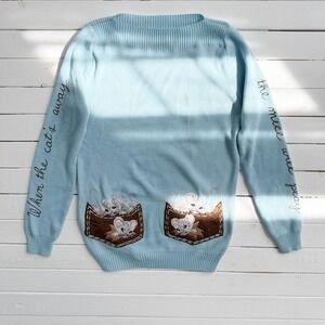 pastel blue 70s vtg cat and mouse‎ embroidered sweater size S